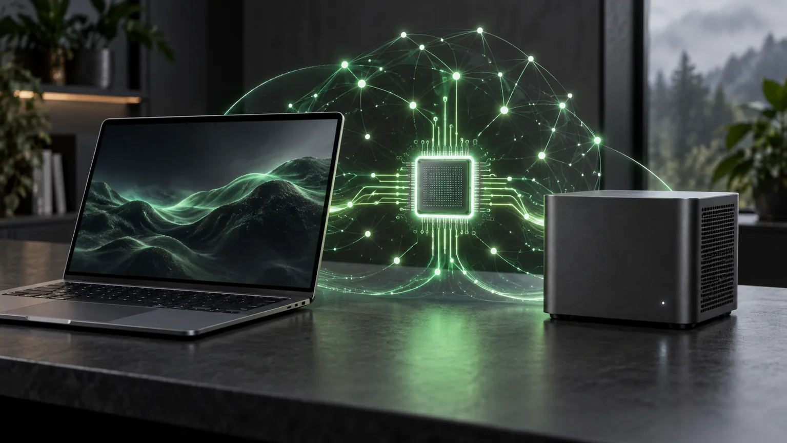 Ilustración de una notebook y una computadora compacta con un chip y conexiones de IA local.