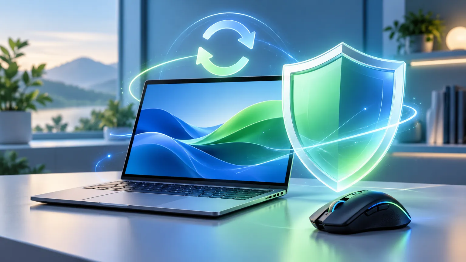 Ilustración conceptual de una notebook, un mouse y un escudo que representan una actualización de seguridad.