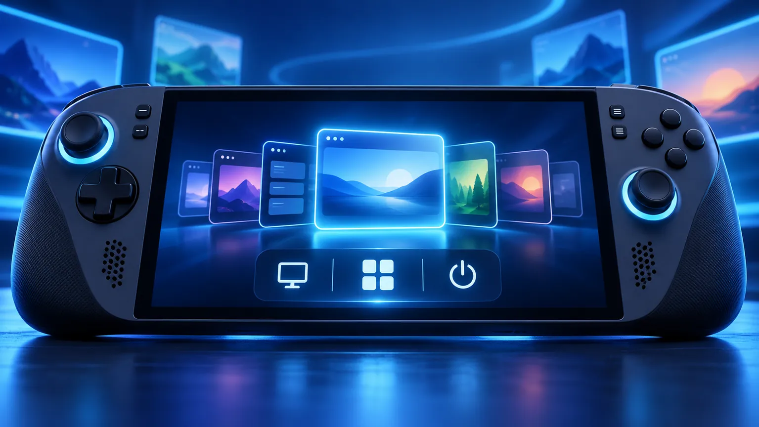 Ilustración conceptual de una PC portátil para jugar con accesos a escritorio y energía.